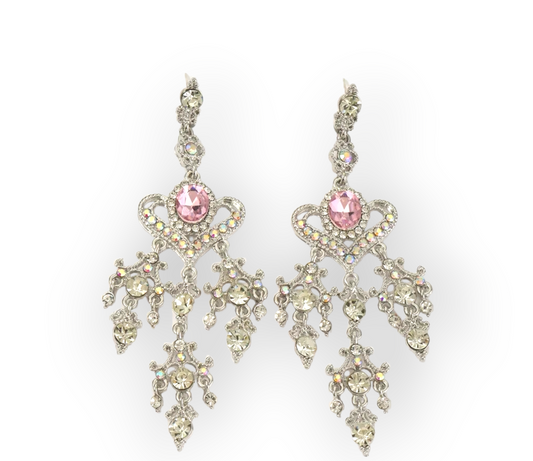A pair of vintage style earrings with a pink heart design and long hanging tassels, decorated with crystals.