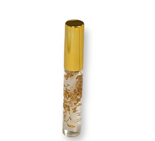 24k Gold Lip Oil with nourishing formula and gold flecks.