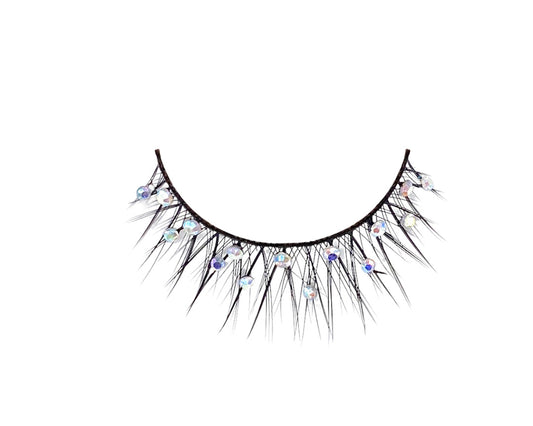 A pair of rhinestone-studded false eyelashes with a plastic band.