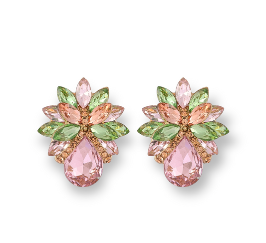 A pair of pink and green colored stud earrings with a floral design, featuring a large central crystal surrounded by smaller glass pieces.