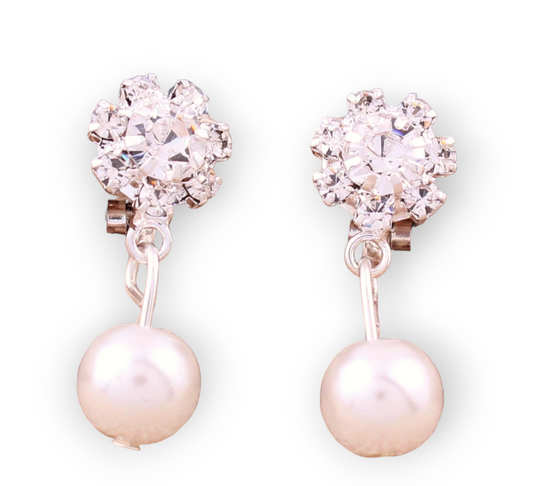 Small Pearl Drop Clip-On Earrings with delicate dangling pearls, perfect for elegant occasions