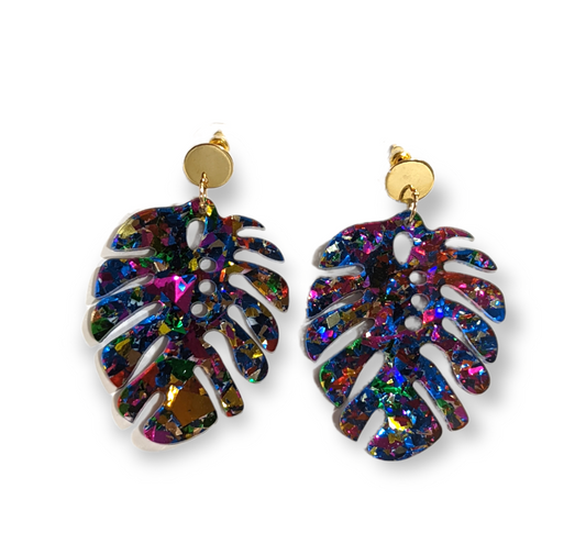 Tropical Leaf & Confetti Earrings with colorful leaf and confetti design.