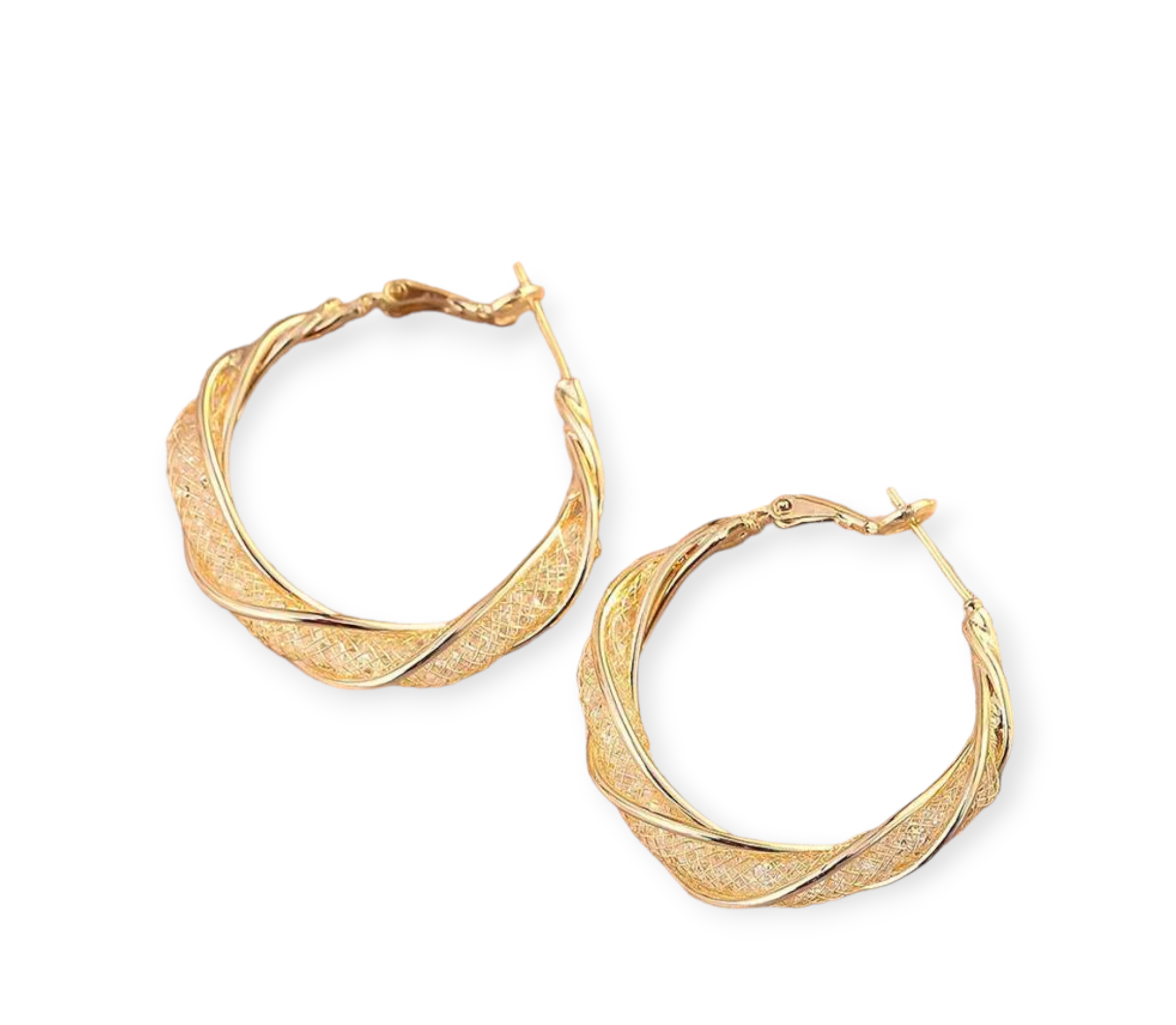 Golden twisted hoop earrings with modern spiral design, perfect for everyday wear or special occasions.

