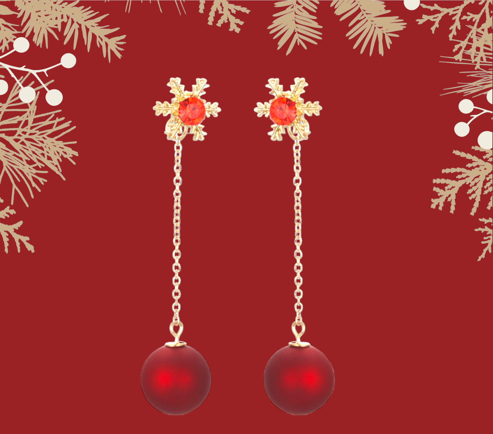 Snowflake & Red Pearl Drop Earrings