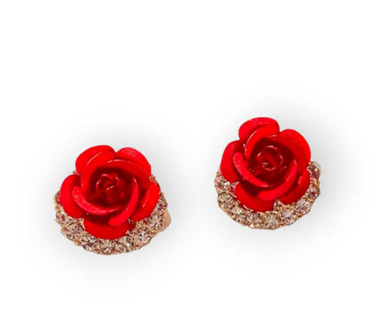 Red Roses & Gold Stud Earrings with delicate red rose accents and polished gold-tone finish
